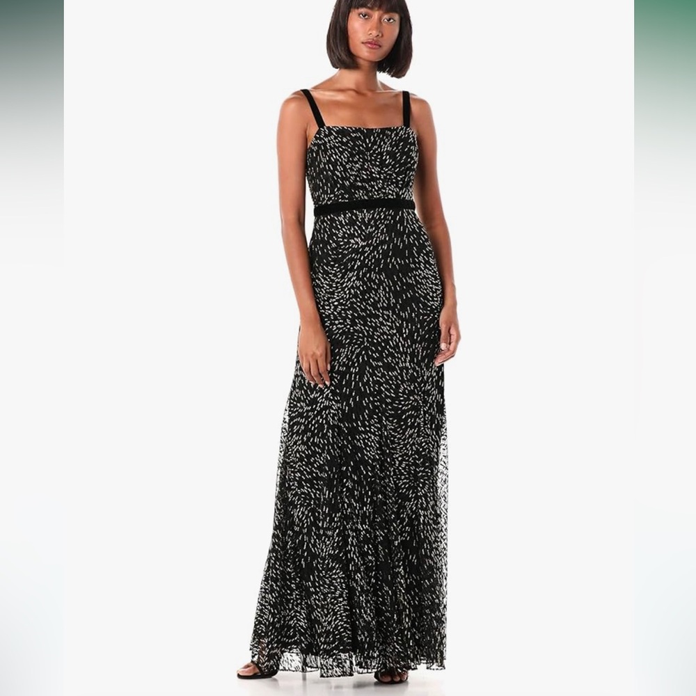 Adrianna Papell‎ Black Gold Glitter Overlay Burnout Velvet Details Gown NWT 2